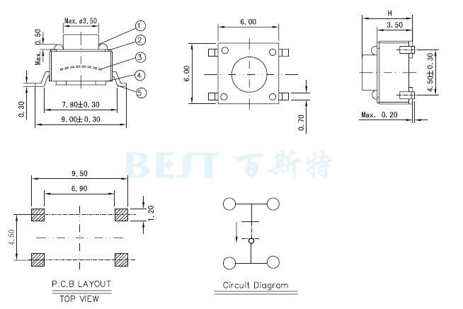 轻触开关TS-1109W规格图纸