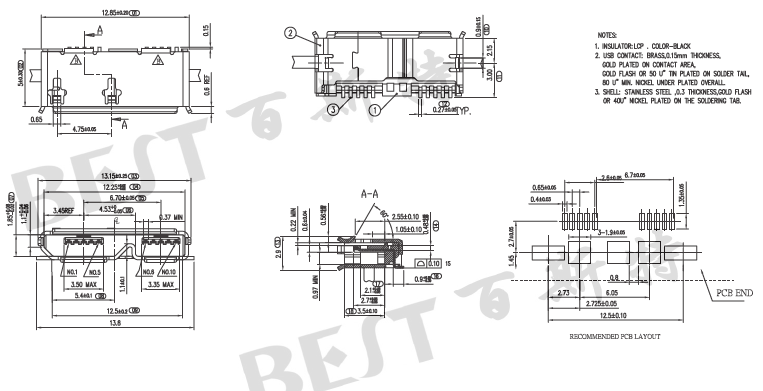 USB母座USB-MC-001-08全贴参考图纸