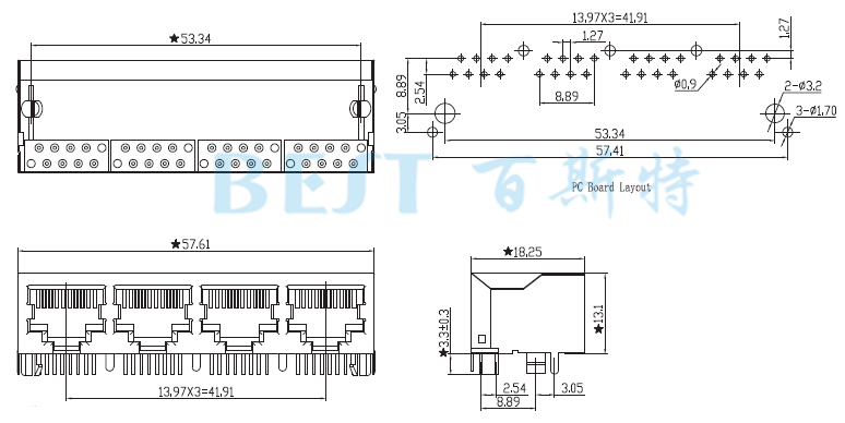 rj45插座5621S 10P8C 1X4规格图纸