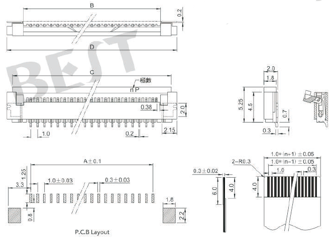  FPC连接器1.0K-DX-NPWB-T-R参考图纸